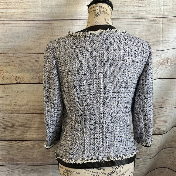 Lafayette 148 Tweed Blazer Leather Trim Size 4 Snap Closure Jacket - Picture 4 of 9